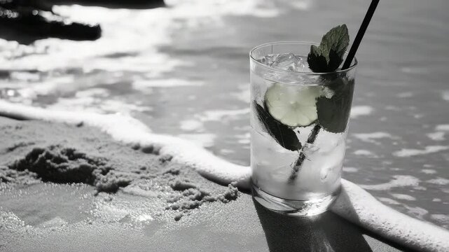 A minty beverage with ice and a straw, perfect for summer days at the beach.