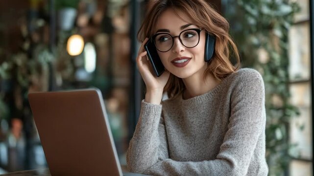 A woman focused on work, multitasking between a laptop and headphones.