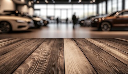 A wooden table in the foreground, with blurry car showroom background