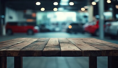A wooden table in the foreground, with blurry car showroom background