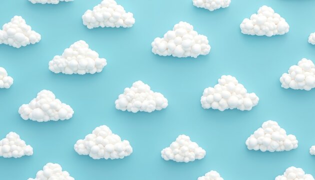 White fluffy clouds pattern on blue sky background. Digital art composition with repeating elements. Gentle airy design suitable for kids themes.