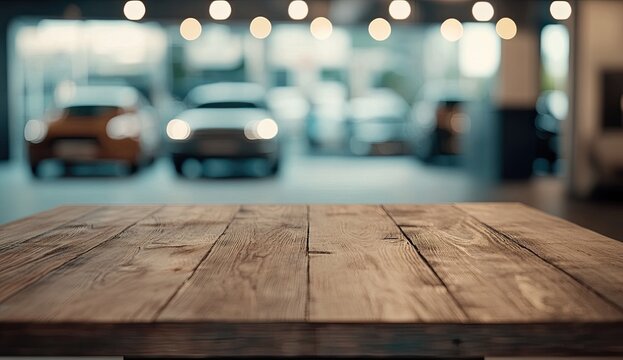 A wooden table in the foreground, with blurry car showroom background