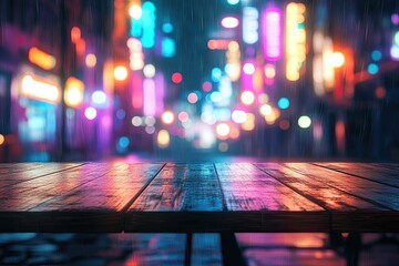 A wooden table with a blurred city street background at night