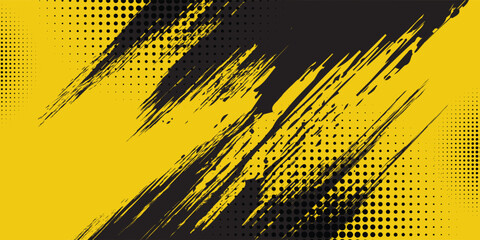 Abstract Black and Yellow Dirty Grunge Background with Halftone Effect. Sports Background with Brush Stroke Illustration