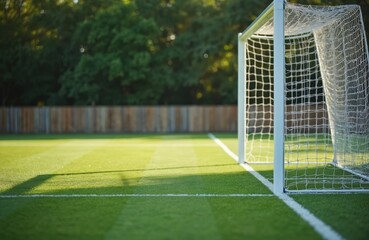 Fototapeta premium White soccer goal net stands on green artificial turf field. White lines mark playing area. Blurred fence, trees in background. Warm sun casts long shadows over grass. Empty pitch awaits players