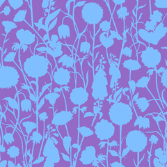 Fototapeta premium Vector garden flowers silhouettes seamless pattern in purple color. Primrose, foxglove, anemone, daisy, dahlia, fritillaria, marigold floral design. Summer background design.