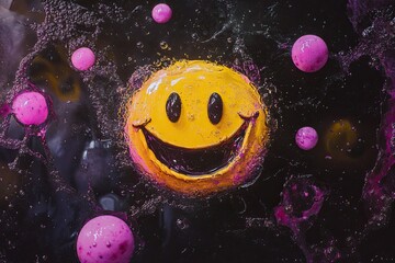 A yellow smiley face made of oil and pink bubbles floating in a black space