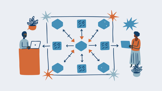 Illustration shows next generation workflow visualization using symbolic shapes with developers interacting with a centralized system