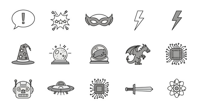 Collection of fantasy technology and magic icons in minimalist monochrome style