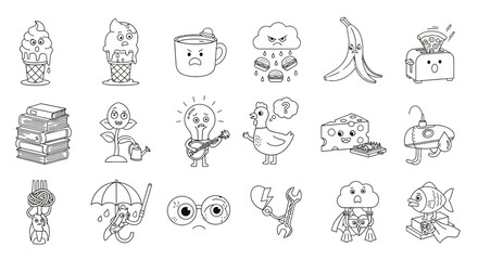 Obraz premium Amusing monochrome cartoon drawing featuring assorted objects and characters each with expressive