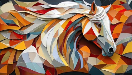 Abstract art of an elegant horse, with a flowing mane and tail in shades of white