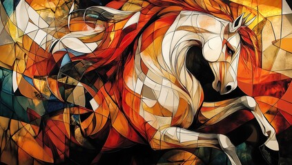 Abstract art of an elegant horse, with a flowing mane and tail in shades of white