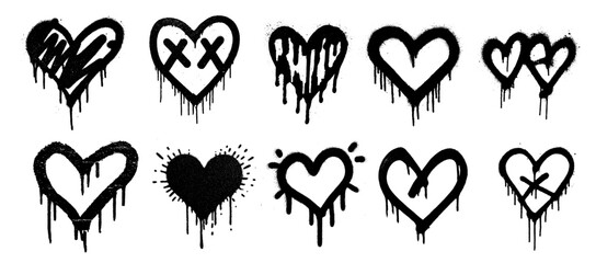 Set of grunge messy graffiti spray painted love hearts with drips and splatters