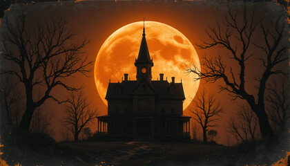 Spooky Haunted House Silhouetted Against a Giant Orange Full Moon