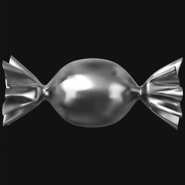 Realistic round candy in a metallic wrapper, isolated on a black background.