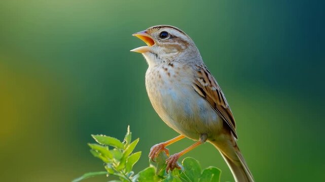 Close-up of a sparrow singing on a green plant, blurred natural background