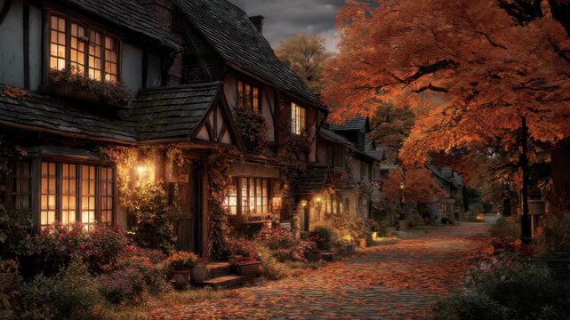 Quaint Cottage Row with Illuminated Windows and Lush Autumn Foliage Lining a Cobblestone Path Covered in Fallen Leaves at Dusk