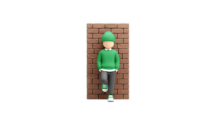 3D Cartoon Character Leaning Against Brick Wall