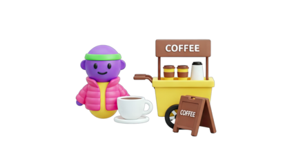 3D Cartoon Character with Coffee at Coffee Cart