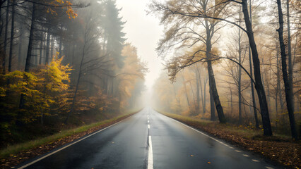Fototapeta premium Foggy autumn road stretching through vibrant forest landscape