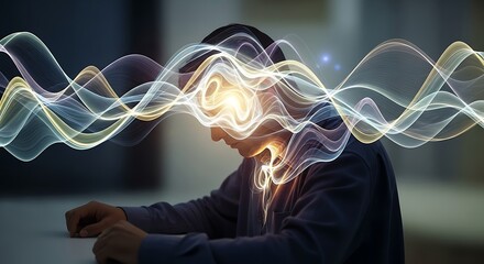 Man with head down surrounded by glowing waves emanating from his head and body area energy flow