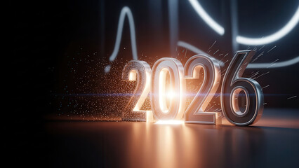 Number 2026 emerging from glowing light into darkness transition
