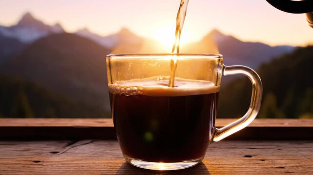 A person pours hot water into a glass mug with coffee grounds at a mountain top viewpoint as the morning sun rises over mountains.