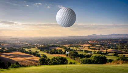 夕景の空に浮かぶゴルフボールのミニマル表現