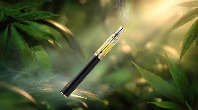 Elegant black vape pen with golden accents placed among green cannabis leaves, illuminated by soft sunlight in a natural forest setting.
