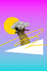 Artwork poster trendy collage photo of human hands wear glove hold tulips bunch march holiday gardener flora care spring season