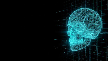 Glowing blue wireframe 3D rendering of human skull. Concept of artificial intelligence, facial recognition, cybersecurity, and digital death.
