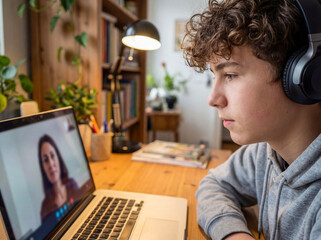 Teenage boy looking at laptop screen video call teacher close up distance learning online education virtual counseling student studying home headphones technology communication lockdown concept