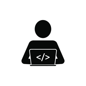 A black silhouette of a person working on a laptop with code on the screen