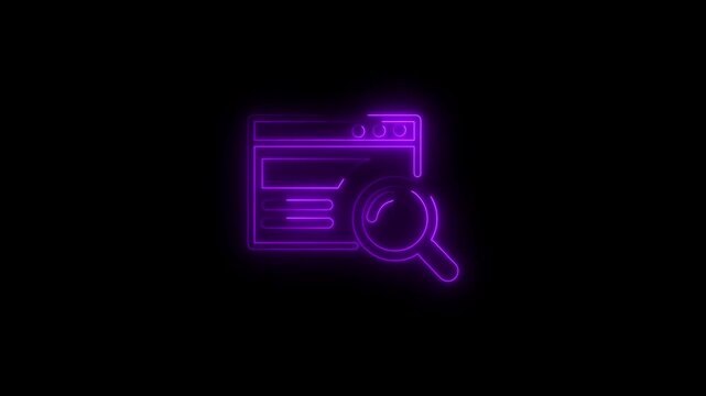 Glowing neon line Document with search icon isolated on black background. File and magnifying glass icon. Analytics research sign. 4K Video motion graphic animation.