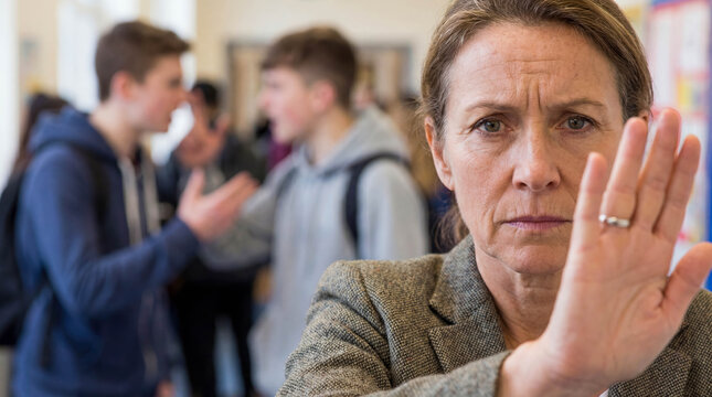 Close-up of a teacher's hands and face stepping in between two blurry aggressive teenage boys. The teacher looks stern and is holding a hand up in a "stop" gesture. Focus on the teacher's 