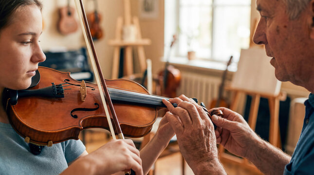 Music teacher showing notes to student close up art education violin lesson instrument creative mentor girl playing learning skill talent school classroom melody practice culture concept