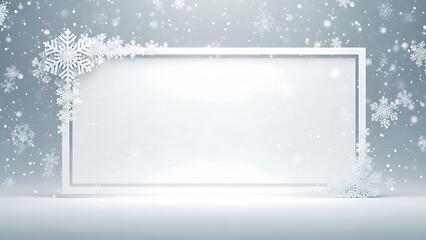 Snowflakes falling around a white rectangle frame on gray background