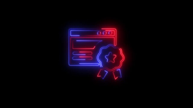 Neon glowing standard certification badge icon on black background quality assurance