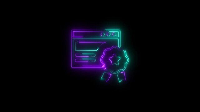 Neon glowing standard certification badge icon on black background quality assurance