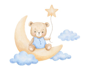 Cute watercolor bear with star sitting on moon, perfect for boy birthday cards, nursery decor, and baby shower invitations