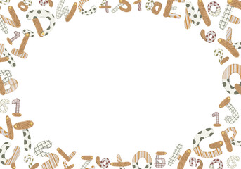 Alphabet and numbers frame, hand-drawn vector illustration border with playful letters and digits for kids&rsquo; announcements, posters, and nursery decor.