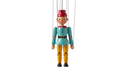 Isolated Vintage Marionette of a Wooden Character Figure With Strings and Detailed Features