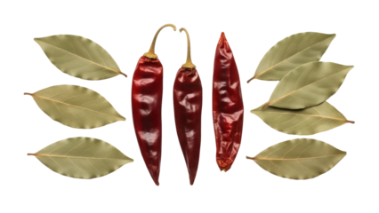 Isolated dried red chili peppers and aromatic bay leaves spice ingredients flavorful cooking
