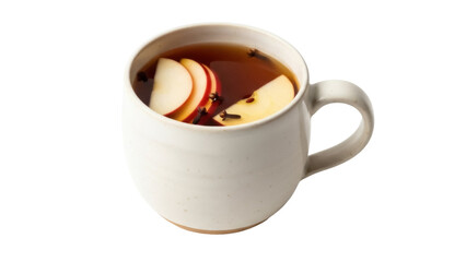 Isolated mug of hot spiced cider, apple slices, and cloves, aromatic seasonal beverage
