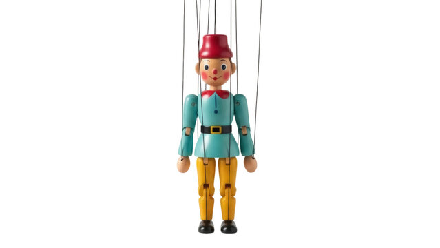 Isolated Vintage Marionette of a Wooden Character Figure With Strings and Detailed Features