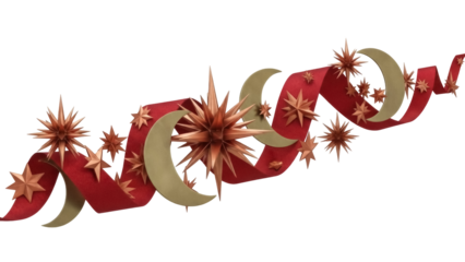 Isolated Ramadan decorative ornament with star pattern on festive ribbon and moon shape gold