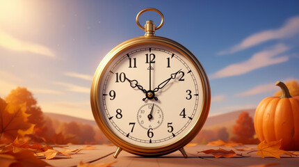 Vintage golden pocket watch in an autumnal landscape, signifying the annual time change as daylight saving ends in fall, symbolizing tradition and transition.