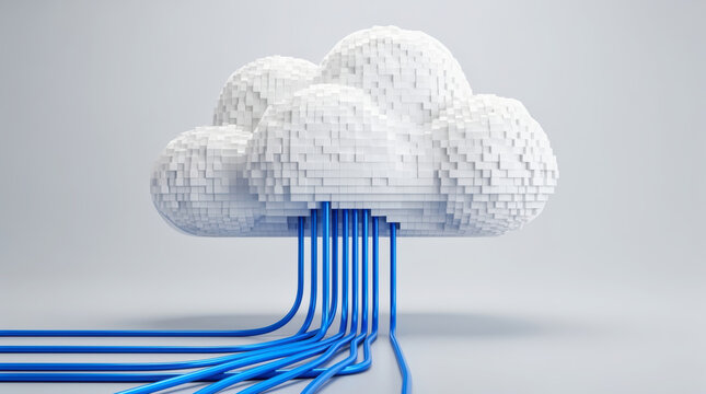 A pixelated white cloud, symbolizing innovative cloud technology and data storage solutions, with bright blue cables extending downwards on a clean grey background.