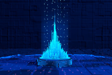 Futuristic digital pyramid with binary code and digital particles, machine learning, big data concept. Science and technology, data exchange, blockchain, innovation, deep learning.