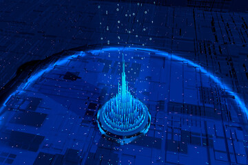 Futuristic digital pyramid with binary code and digital particles, machine learning, big data concept. Science and technology, data exchange, blockchain, innovation, deep learning.